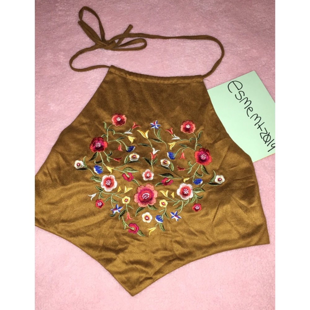 Suede embroidered halter crop top